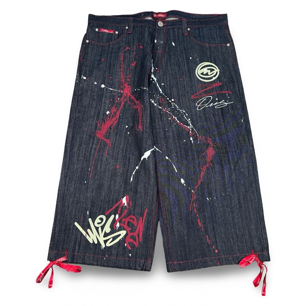 Mizleen Mens 42 Baggy Skater Wide Denim‎ Shorts Blue Red Paint Splatter Graffiti